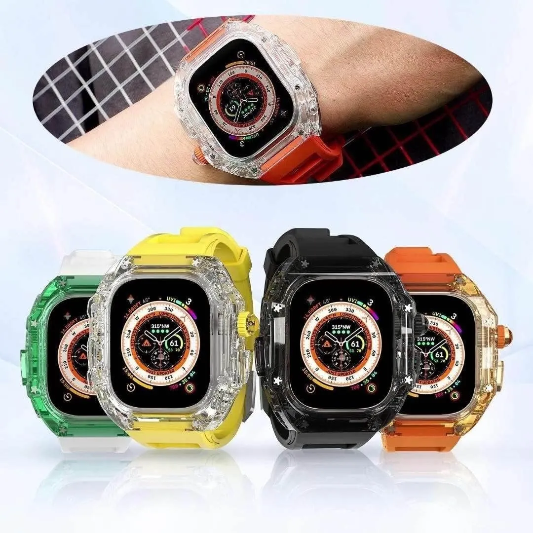 Case compulsory aesthetic Silicone Loop Band,For Apple Watch Ultra 49mm, Mod Kit 45/44mm Sport Band Full Protection Cover Case,For Iwatch Series 8 7 6 5 4 SE Transparent Clear 