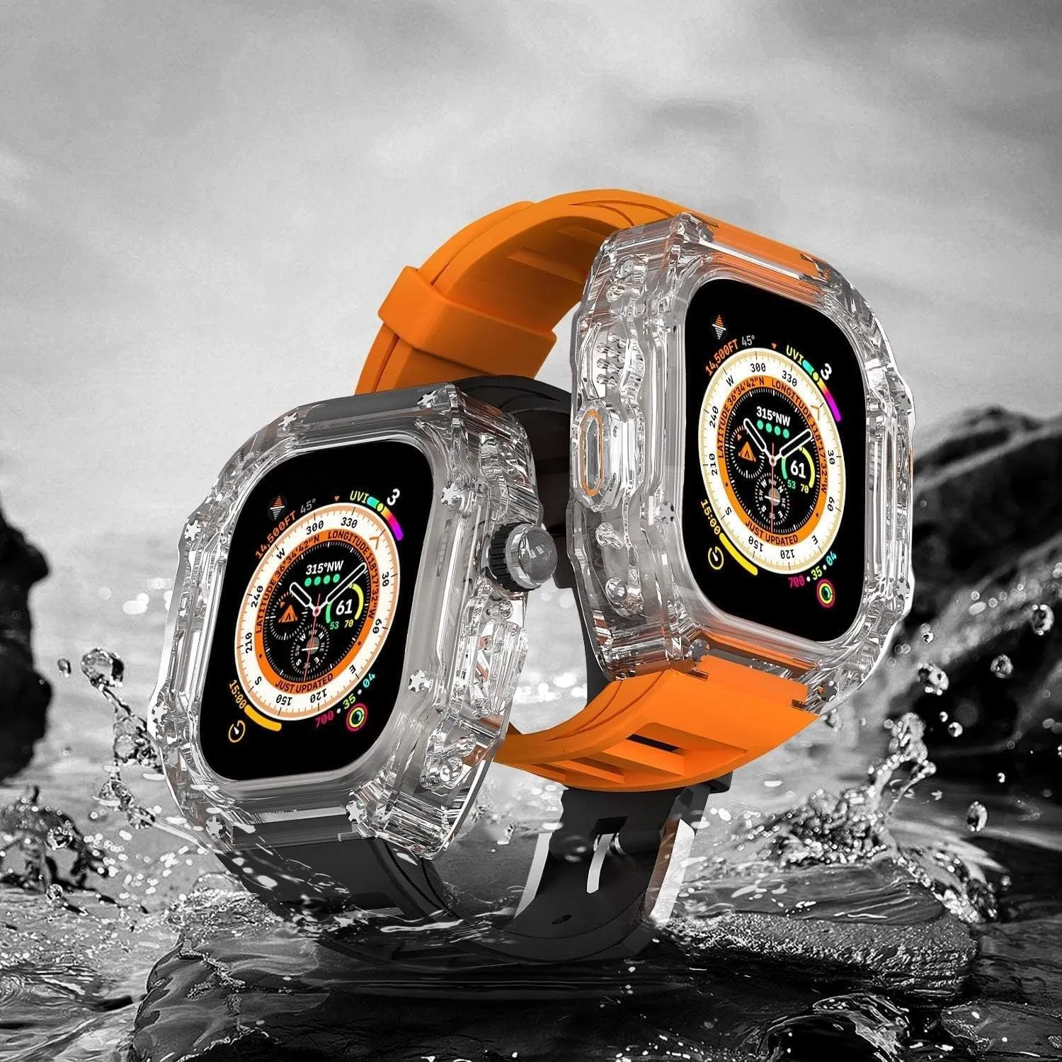 Case compulsory aesthetic Silicone Loop Band,For Apple Watch Ultra 49mm, Mod Kit 45/44mm Sport Band Full Protection Cover Case,For Iwatch Series 8 7 6 5 4 SE Transparent Clear 