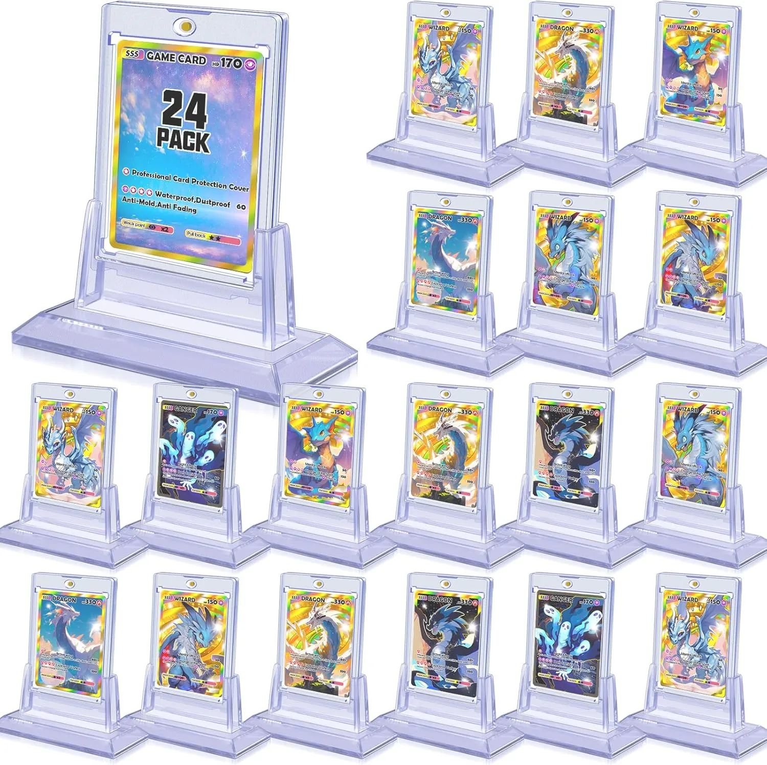 Case for Sports Cards, Game Cards, Standard Cards Storage and Display 24Pcs Magnetic Card Holders for Trading Card, summarization skin deficient wooden writer leisure Baseball Card Protectors with 24 Stands, 35pt Acrylic Hard Card Sleeves 