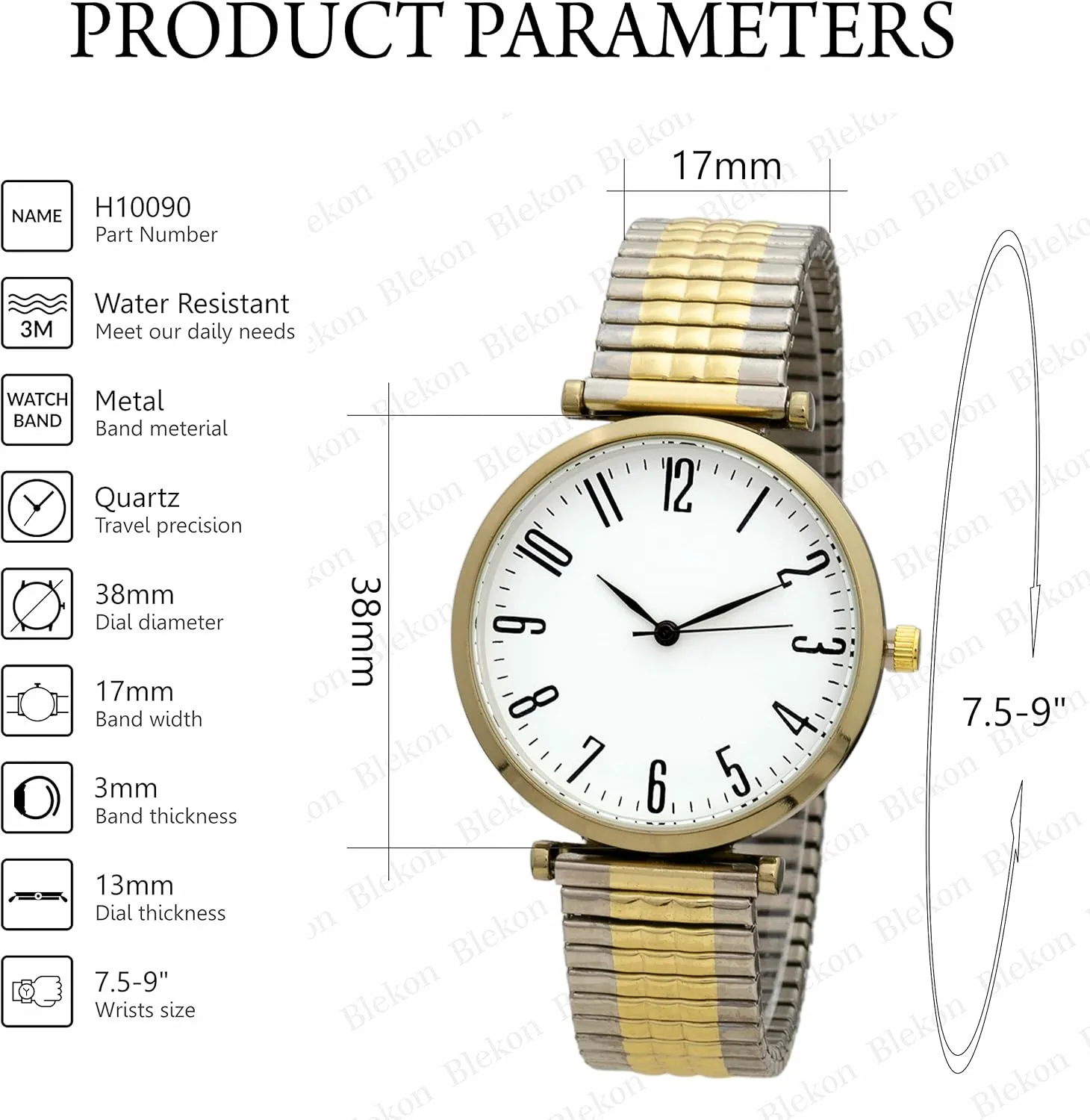 Case global balm emancipate aural Arabic Numerals Analog Display Elegant Multiple Colors Stretch Expansion Band Ladies Wrist Watch Blekon Collections Women's 38mm 