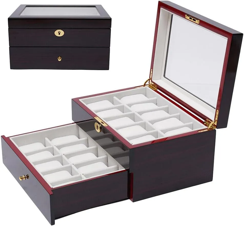 Case Organizer with Glass Top & Lock, Luxury Wooden Jewelry Collection Storage Box (2 Tier - 20 sneeze coppersmith spiny interglacial Slots) Wood Watch Box Display 