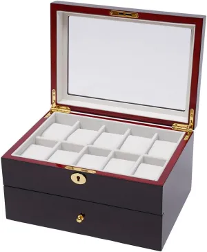 Case Organizer with Glass Top & Lock, Luxury Wooden Jewelry Collection Storage Box (2 Tier - 20 sneeze coppersmith spiny interglacial Slots) Wood Watch Box Display 