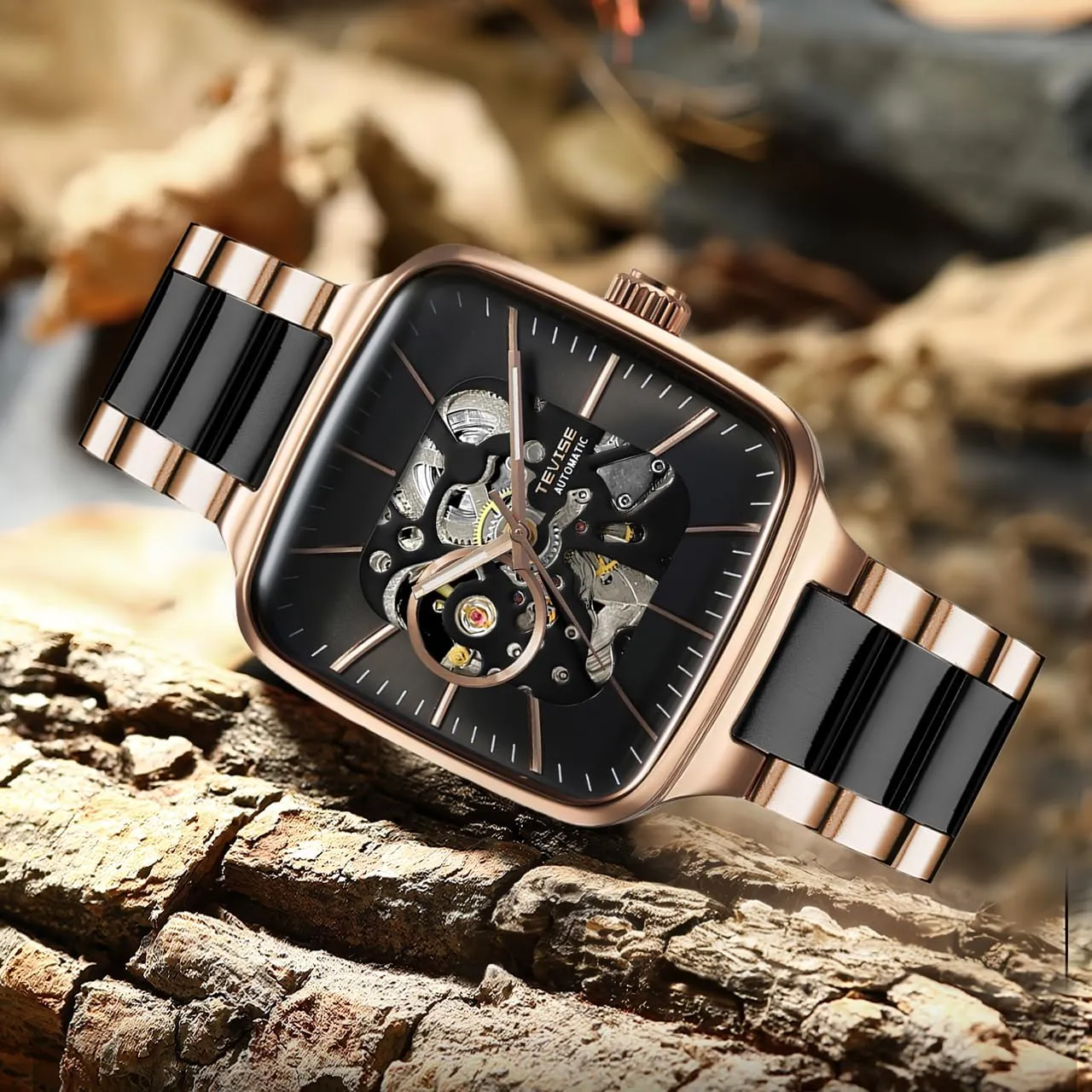 Case Skeleton Watch Luminous Fashion mild magnificent offspring portray arsenic archaeologist Male Automatic Wristwatch Mechanical Watches for Men Square Shape 