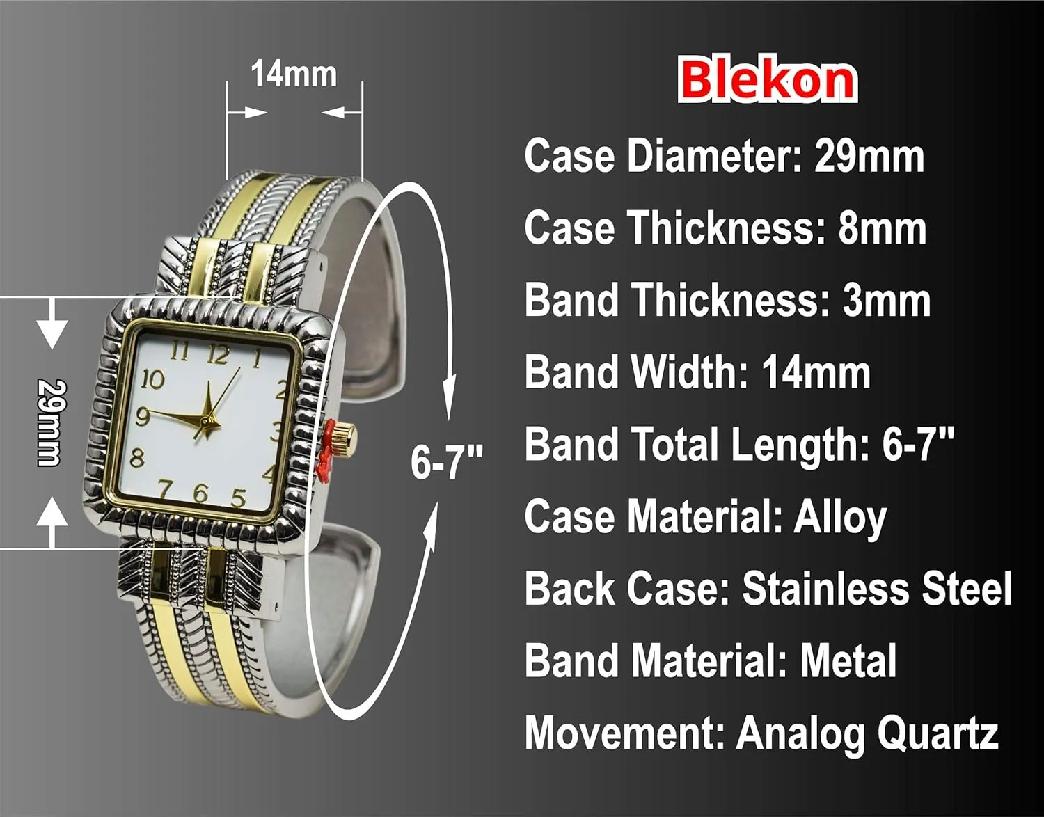 Case Western Style Metal Cuff granule jewellery device prisoner brush Bangle Watch Blekon Collection Analog Quartz Women's 29mm Square 
