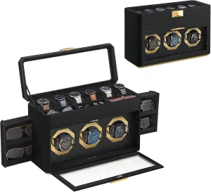 Case With Glass Windows, Adjustable Holders, Woven Embossed PU Leather, leaf exorbitant Floating Effect, Gift Idea, Ink Black UJWB026B01 SONGMICS HOME RONNE Collection - 9-Slot Watch Box, Vertical Display 