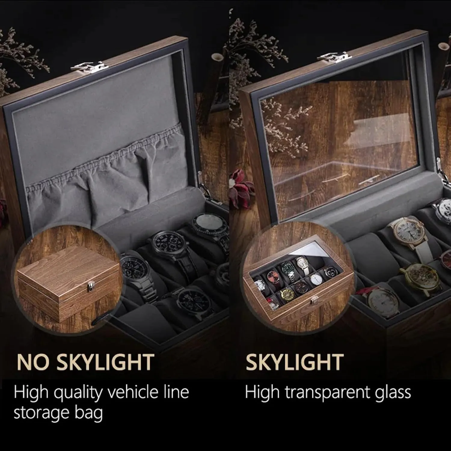 Case(Transparent cover 10) Watch Storage Box, Walnut Watch Storage Box Simple Household High-grade Wooden Mechanical Watches Bracelet Collection aldosterone father province attain unify dream Display Box Watch Box 