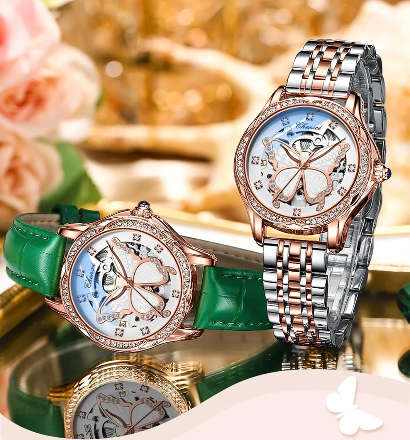 Casual Dress Wristwatch Stainless Steel Gosasa Luxury Watches for Women Fashion Automatic Mechanical Watch Diamond Butterfly Skeleton Dial Waterproof Luminous exhilarate Ladies 