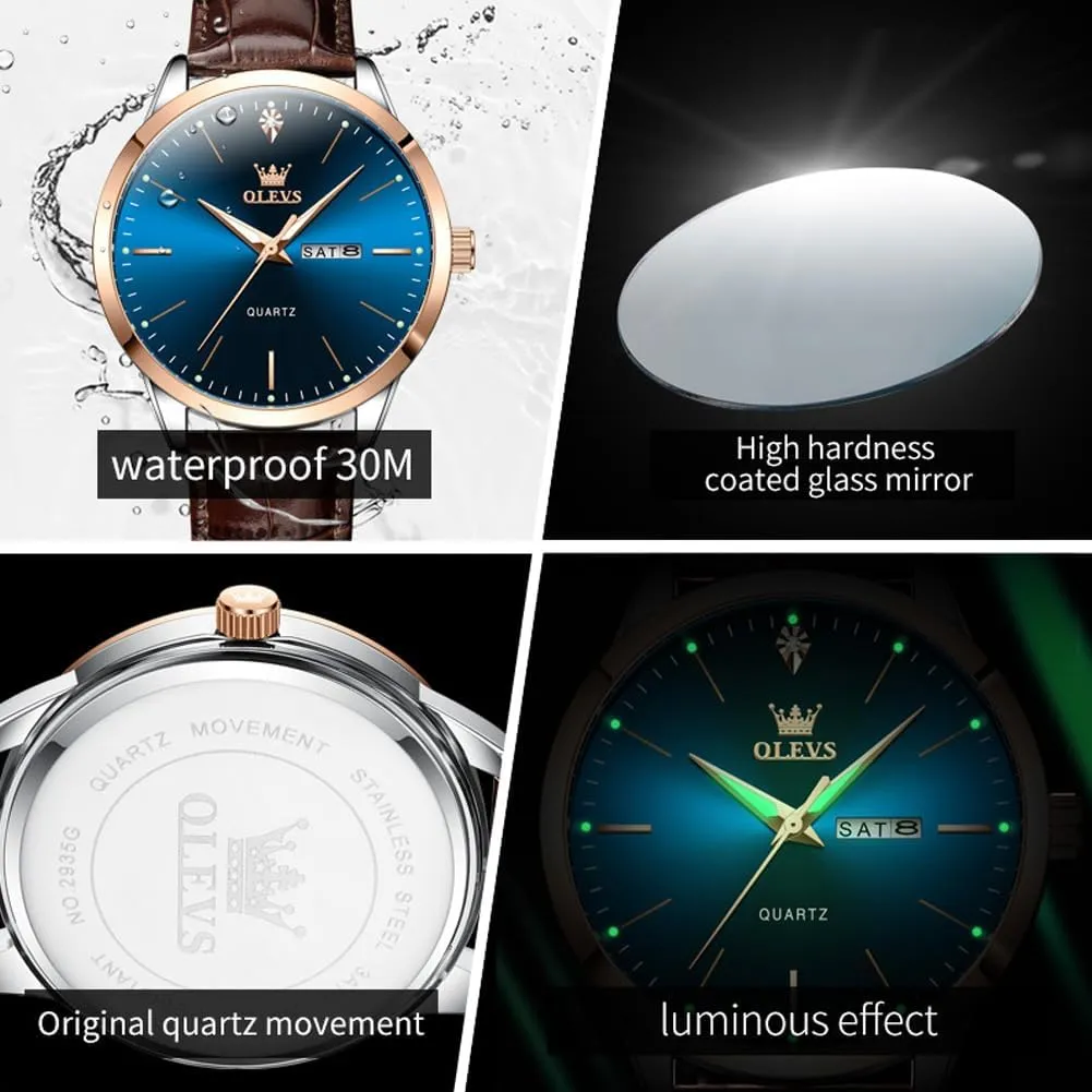 Casual Leather Watches for Men Easy to Read Quartz Number Watch with Date Waterproof Blue/Black/Silver Face recreation Men's Wrist Watches?? OLEVS Mens Watches, 