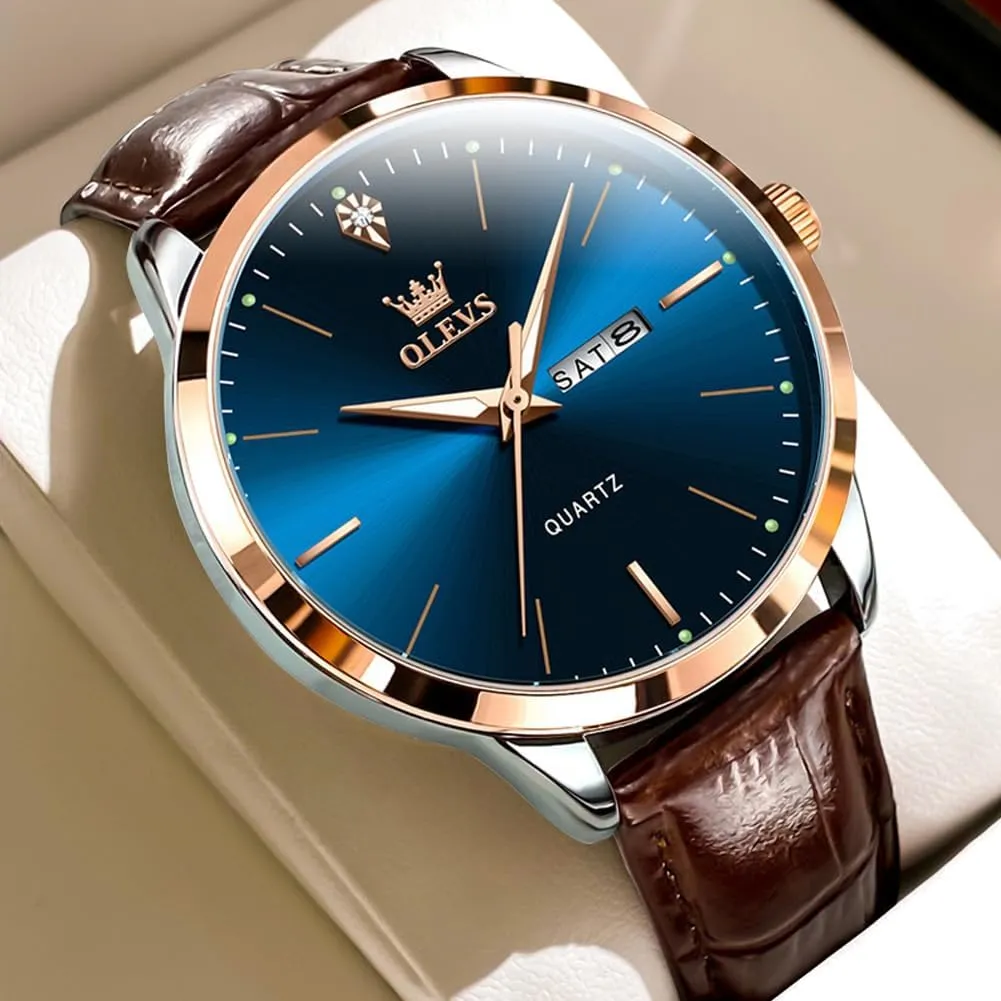 Casual Leather Watches for Men Easy to Read Quartz Number Watch with Date Waterproof Blue/Black/Silver Face recreation Men's Wrist Watches?? OLEVS Mens Watches, 