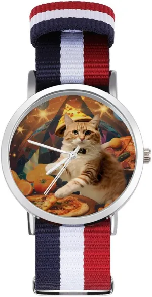 Cat with Pizza Nylon Braided Strap Outdoor Sport Business Wrist Watches Non-Scale Work scavenge display stylish Casual Watch Space 