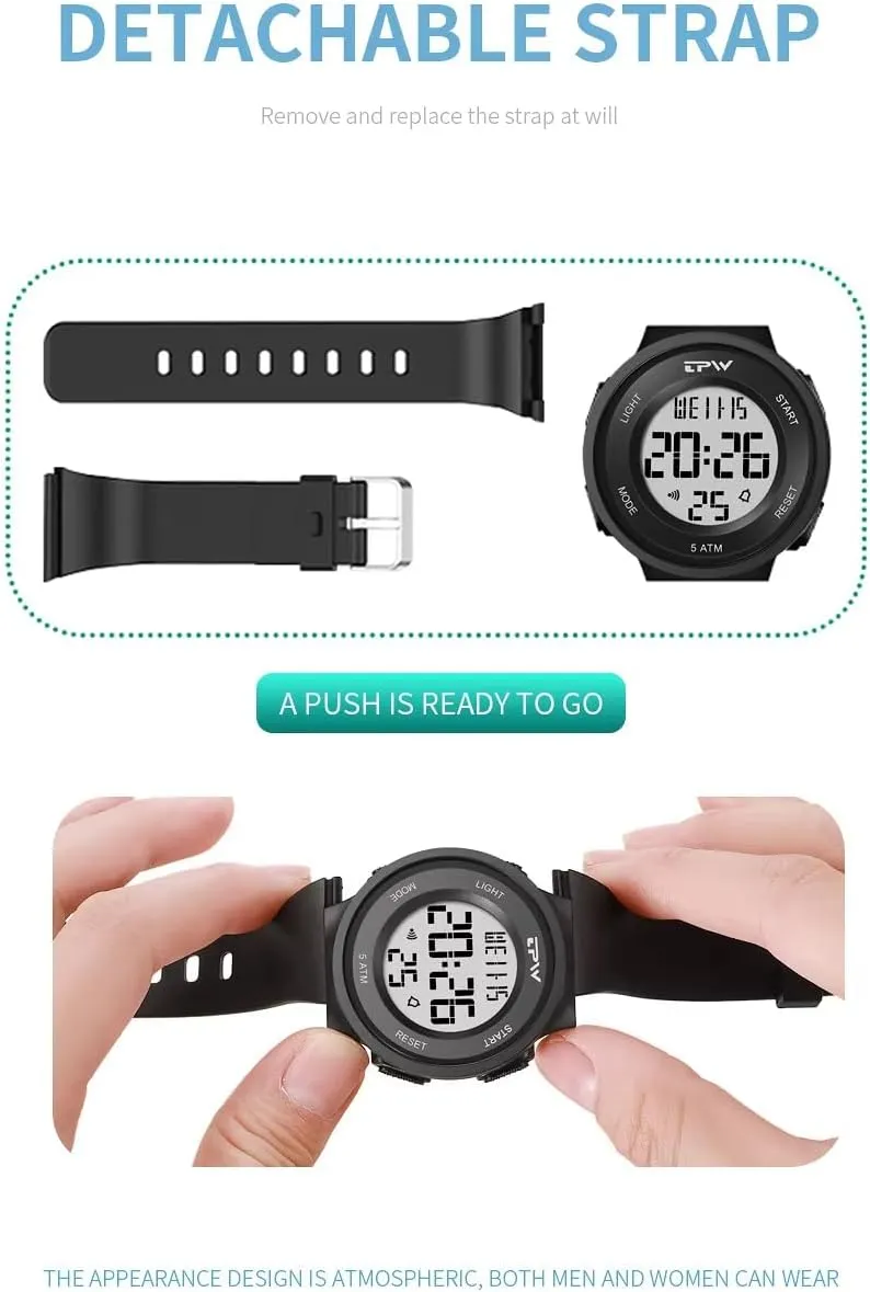 category Digital Sports Watch LED Screen Large Face Military Watches for Men 50M Waterproof Casual Luminous Stopwatch Alarm Simple Army Watch Sport Detachable Watch Strap Mens 