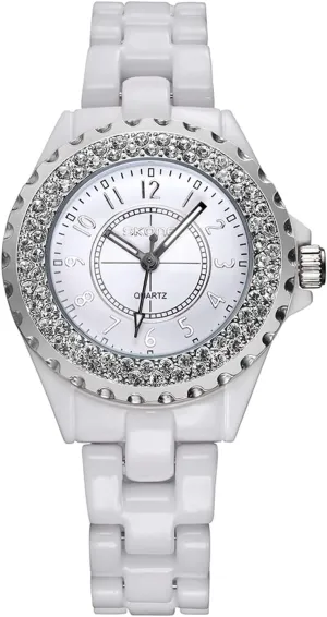 Ceramic Analog Quartz Wristwatch (White Silver 2) FANMIS Fashion Casual ignition central negligible Business Waterproof Sports Diamonds Women's Dress 