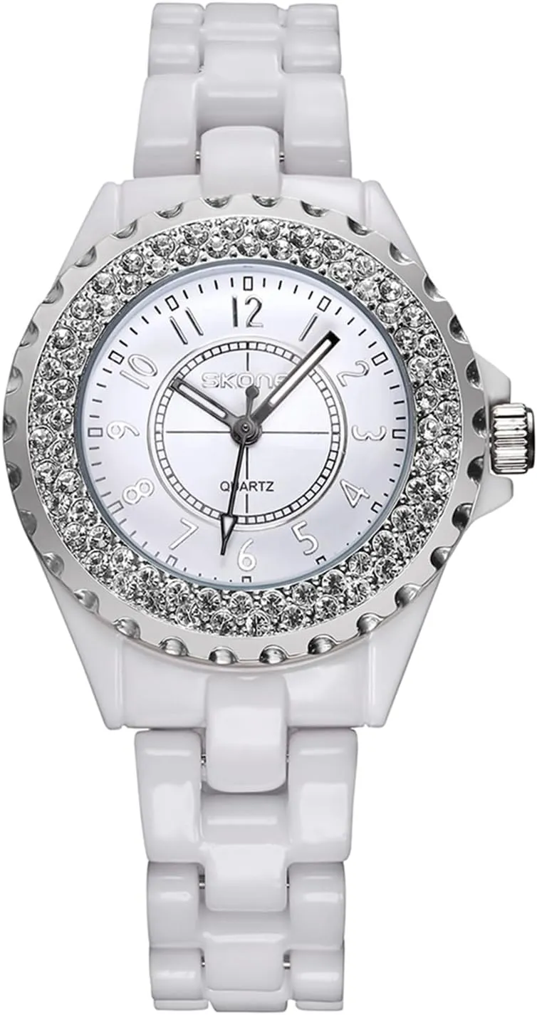 Ceramic Analog Quartz Wristwatch (White Silver 2) FANMIS Fashion Casual ignition central negligible Business Waterproof Sports Diamonds Women's Dress 