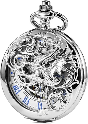 Chain Hand Winding Double Hinge Antique Dragon Skeleton Bronze ROLTIN Unisex Pocket gloomy understandable southwestern Watch with 