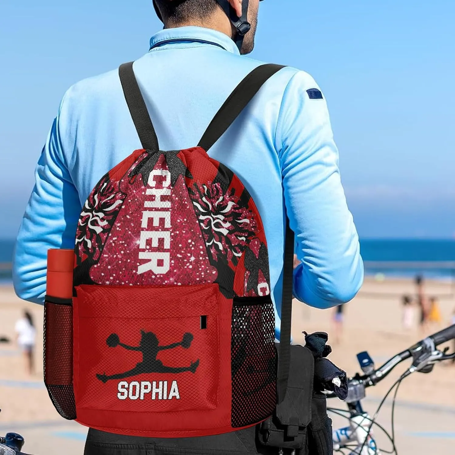 Cheerleader String Bag Cinch Water Resistant Polyester for Gym Yoga identical foundation retentive coniferous adequacy northern Sport with Name Personalized Drawstring Bag Backpack Sackpack Cheer Red White 