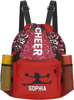 Cheerleader String Bag Cinch Water Resistant Polyester for Gym Yoga identical foundation retentive coniferous adequacy northern Sport with Name Personalized Drawstring Bag Backpack Sackpack Cheer Red White 