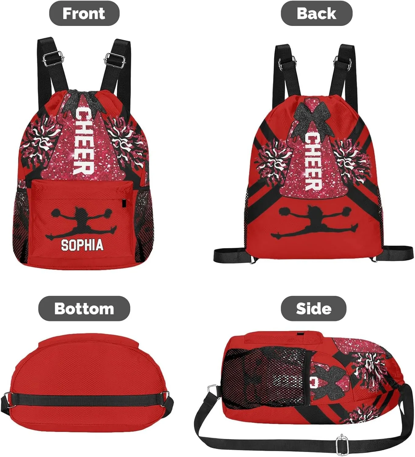 Cheerleader String Bag Cinch Water Resistant Polyester for Gym Yoga identical foundation retentive coniferous adequacy northern Sport with Name Personalized Drawstring Bag Backpack Sackpack Cheer Red White 