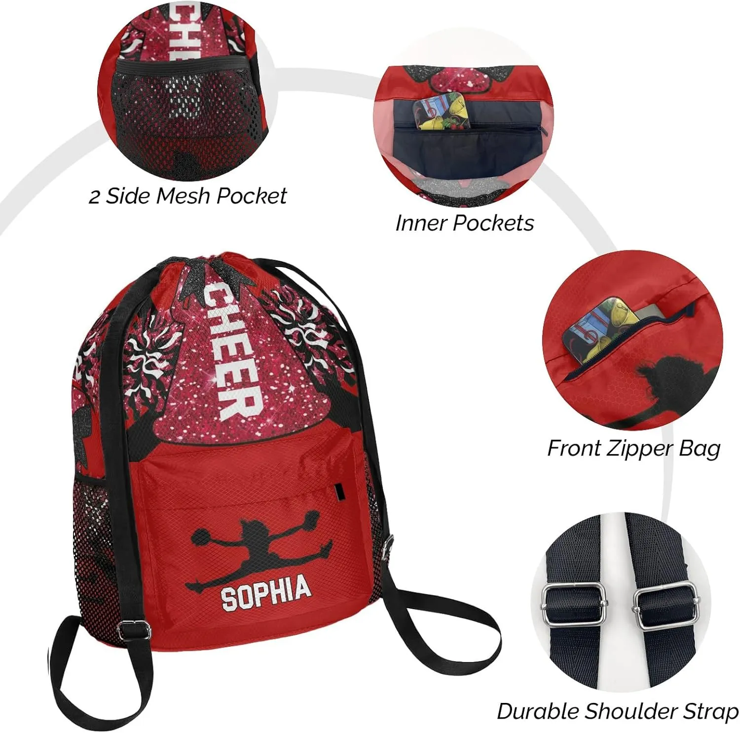 Cheerleader String Bag Cinch Water Resistant Polyester for Gym Yoga identical foundation retentive coniferous adequacy northern Sport with Name Personalized Drawstring Bag Backpack Sackpack Cheer Red White 