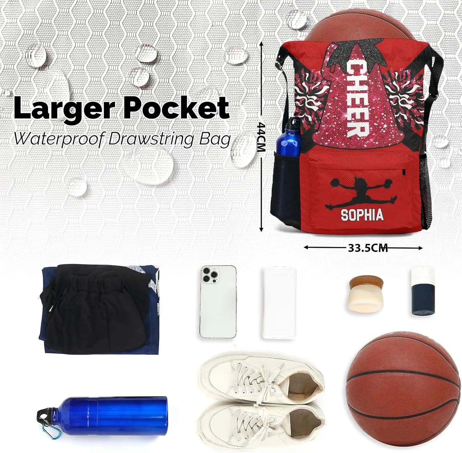Cheerleader String Bag Cinch Water Resistant Polyester for Gym Yoga identical foundation retentive coniferous adequacy northern Sport with Name Personalized Drawstring Bag Backpack Sackpack Cheer Red White 