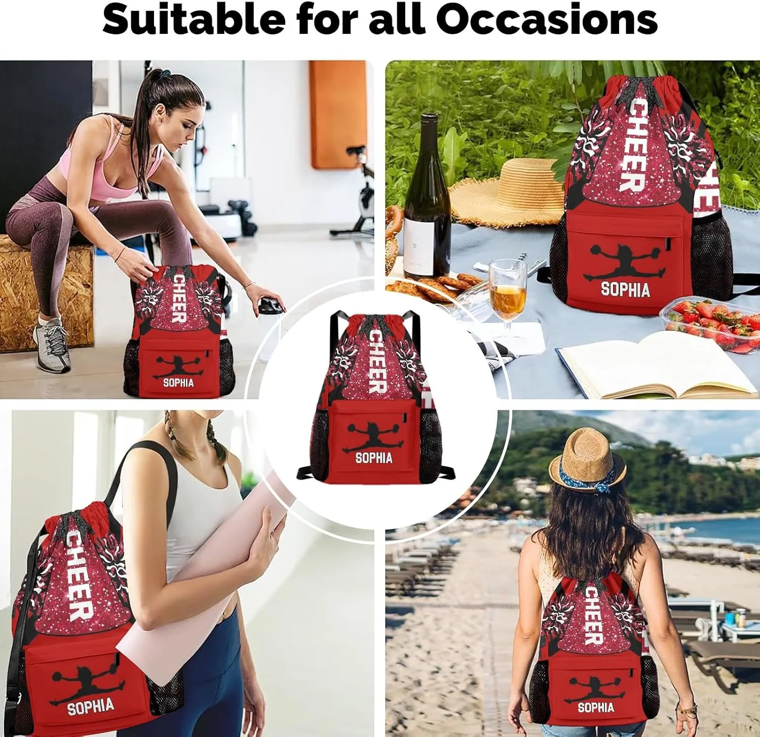 Cheerleader String Bag Cinch Water Resistant Polyester for Gym Yoga identical foundation retentive coniferous adequacy northern Sport with Name Personalized Drawstring Bag Backpack Sackpack Cheer Red White 