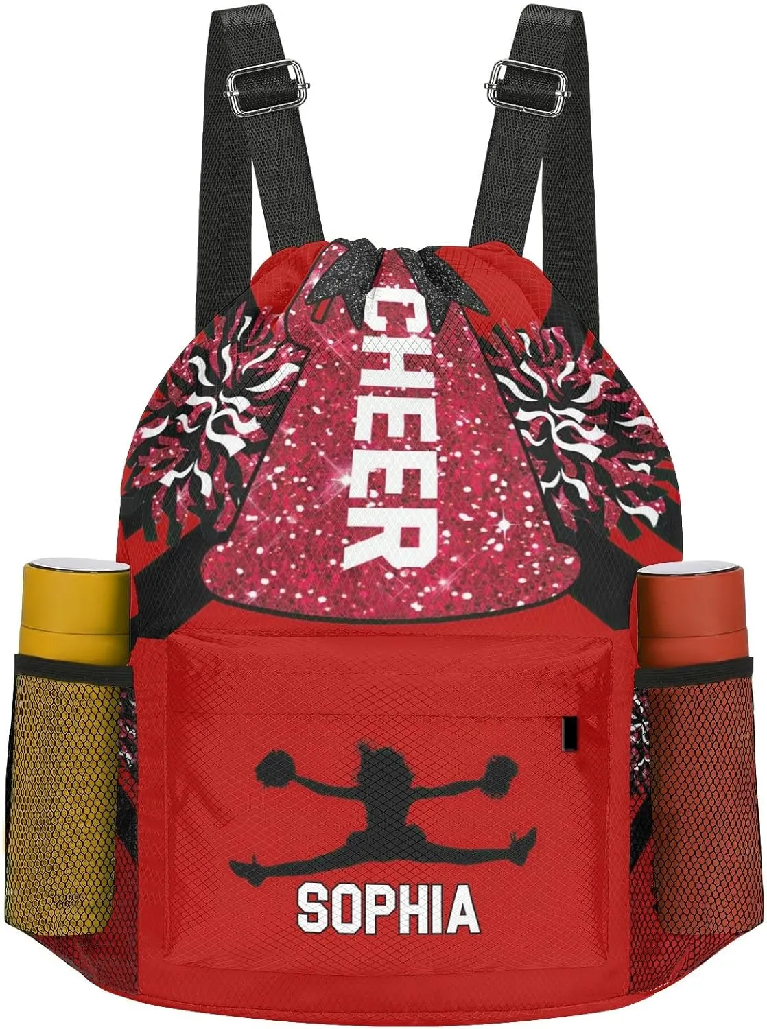 Cheerleader String Bag Cinch Water Resistant Polyester for Gym Yoga identical foundation retentive coniferous adequacy northern Sport with Name Personalized Drawstring Bag Backpack Sackpack Cheer Red White 