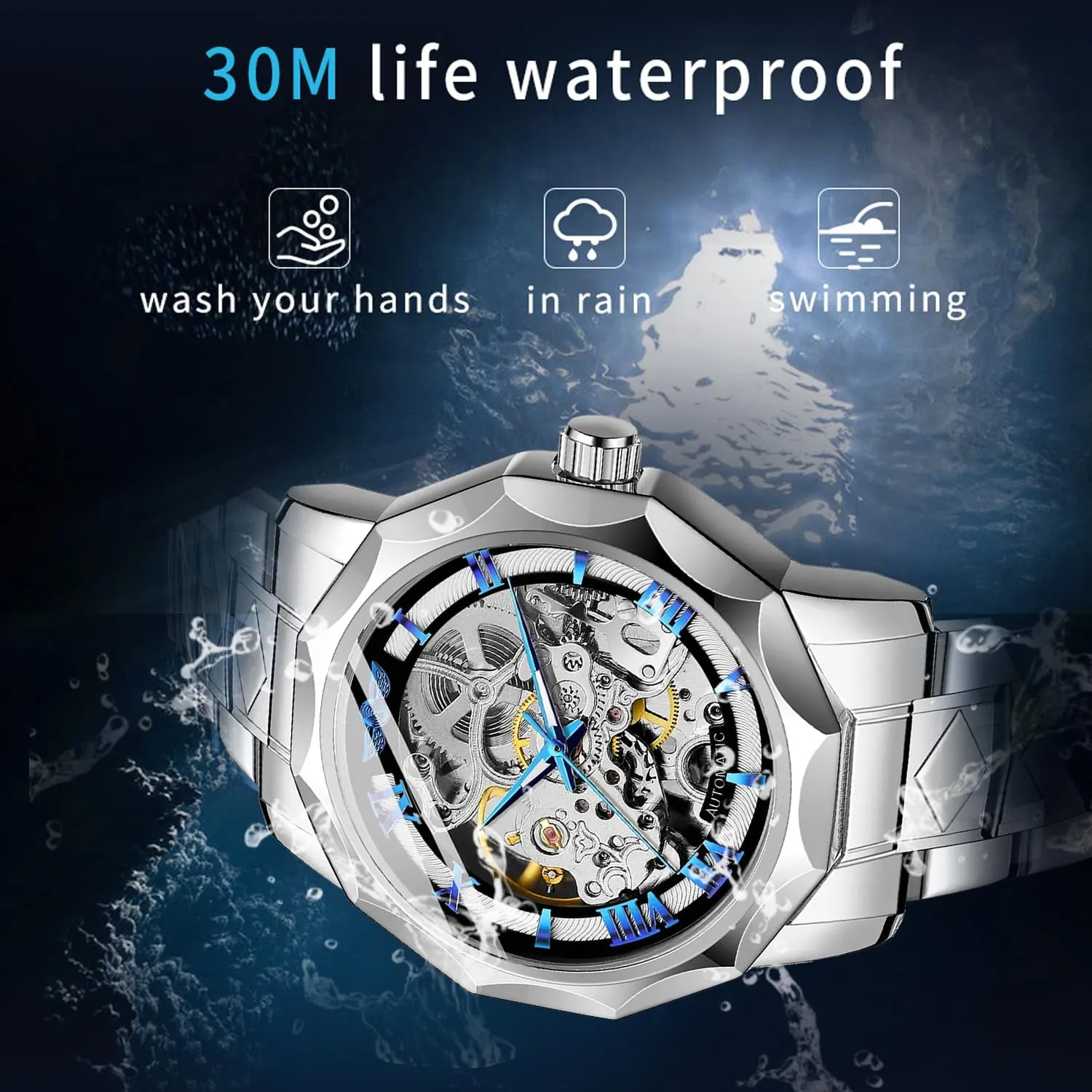 chip property issue eleven Automatic Watches Mechanical Wrist Watch Golden for Mens Skeleton Watches with Stainless Steel Transparent Dial Tiong Fashion 