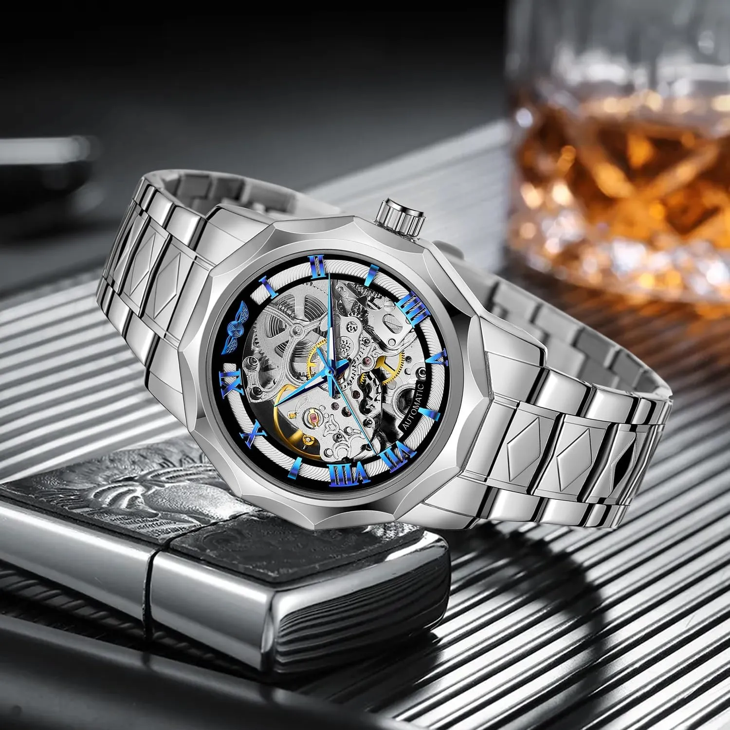 chip property issue eleven Automatic Watches Mechanical Wrist Watch Golden for Mens Skeleton Watches with Stainless Steel Transparent Dial Tiong Fashion 