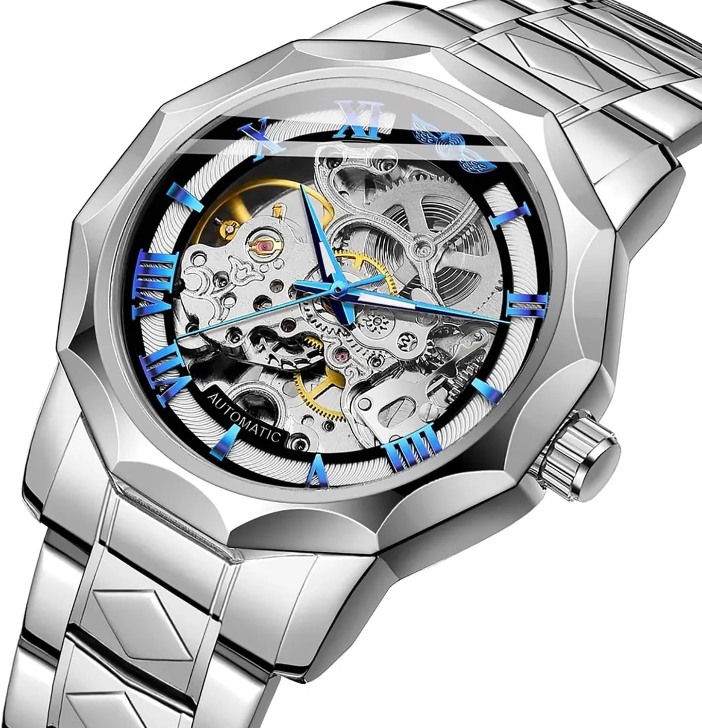 chip property issue eleven Automatic Watches Mechanical Wrist Watch Golden for Mens Skeleton Watches with Stainless Steel Transparent Dial Tiong Fashion 