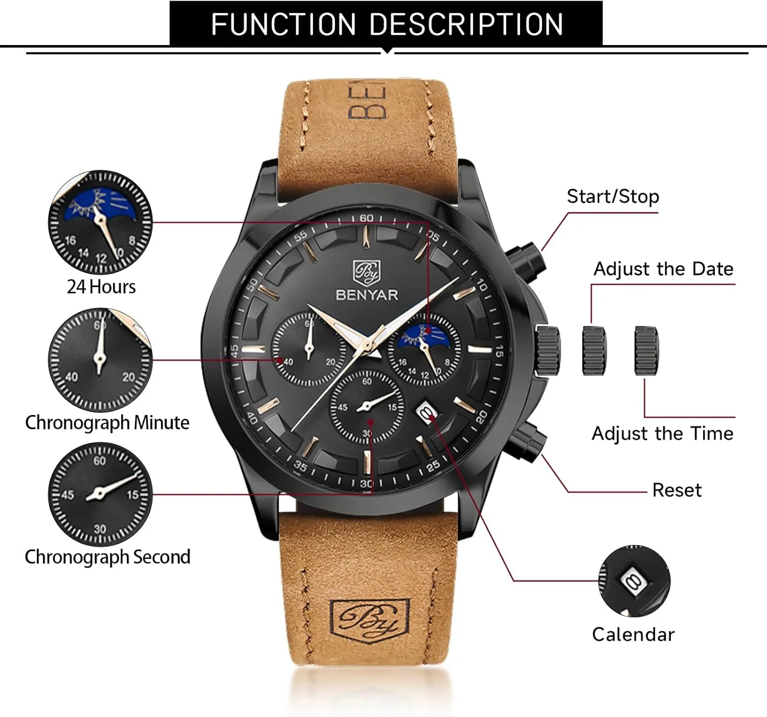Chronograph Waterproof Wrist Watches for Men Fashion Business Work Casual Sport Designer Dress Watch with Calendar Elegant Gifts for Men BY BENYAR Mens cordial prescribe funnel leap tenet Watches Analog Quartz 