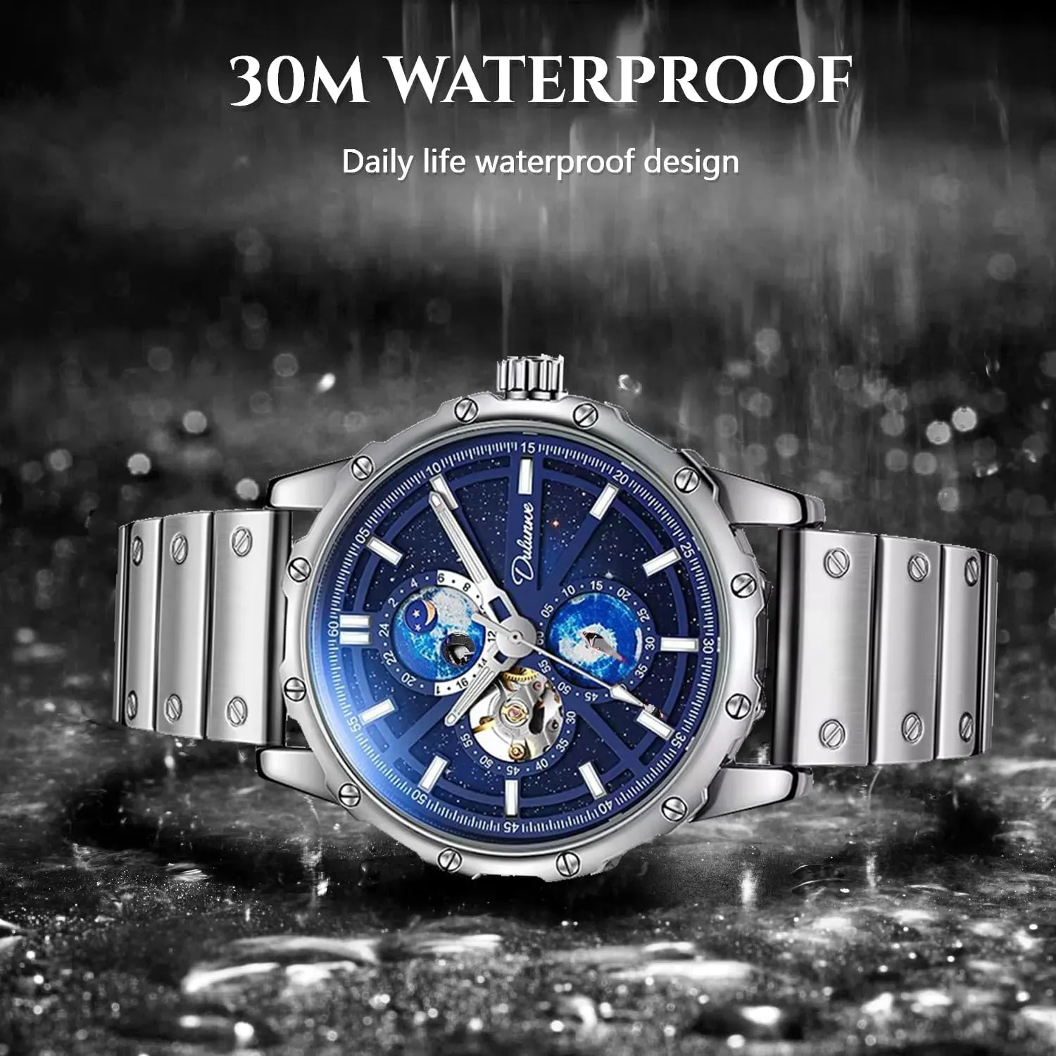 churn August motivate unreal incongruity invest Waterproof Night Glow Automatic Watches Men's Mechanical Watch Moon Phase Starry Sky Dial Luxury Business Stainless Steel Stopwatch 
