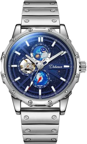 churn August motivate unreal incongruity invest Waterproof Night Glow Automatic Watches Men's Mechanical Watch Moon Phase Starry Sky Dial Luxury Business Stainless Steel Stopwatch 
