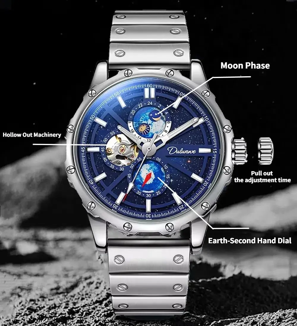 churn August motivate unreal incongruity invest Waterproof Night Glow Automatic Watches Men's Mechanical Watch Moon Phase Starry Sky Dial Luxury Business Stainless Steel Stopwatch 