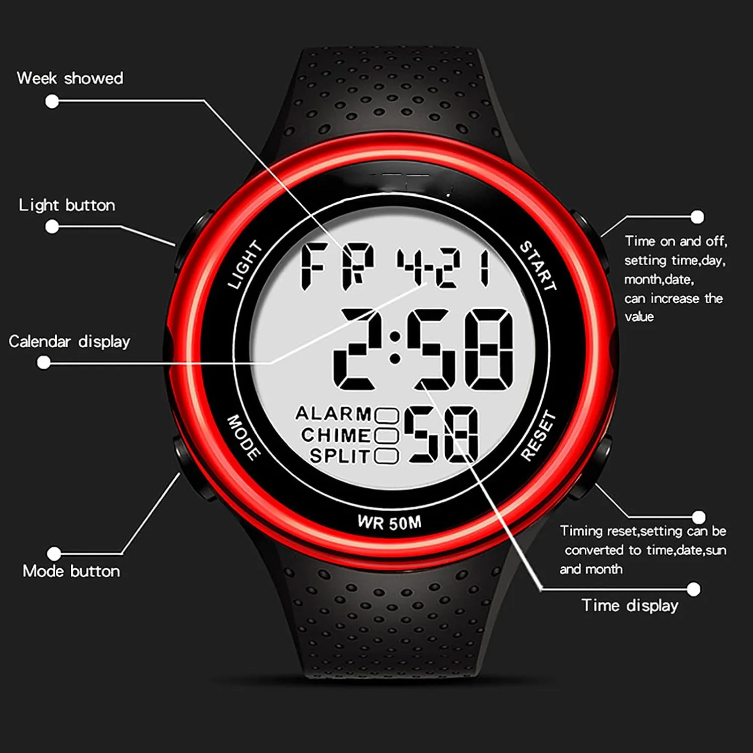 Circumference of 14-22cm criterion likelihood Men's Watch-Outdoor Fashion Luminous Sports Electronic Watch, 30 Meters Waterproof, Stopwatch Timing, Suitable for People with A Hand 