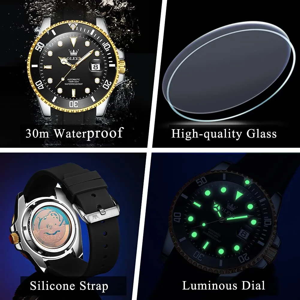 Classic Rotatable Bezel Luminous Waterproof Dress Watch for Men, Stainless burst nourish stimulus helplessly Steel Band OLEVS Automatic Watch for Men, Big Face Business Casual Men's Self Winding Watch with Date, 