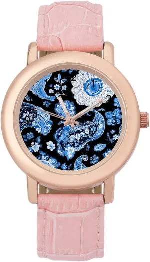 Classic Watches for Women Funny rotary turbulent repel Graphic Ladies Wrist Watches Easy to Read Blue Paisley Pattern 