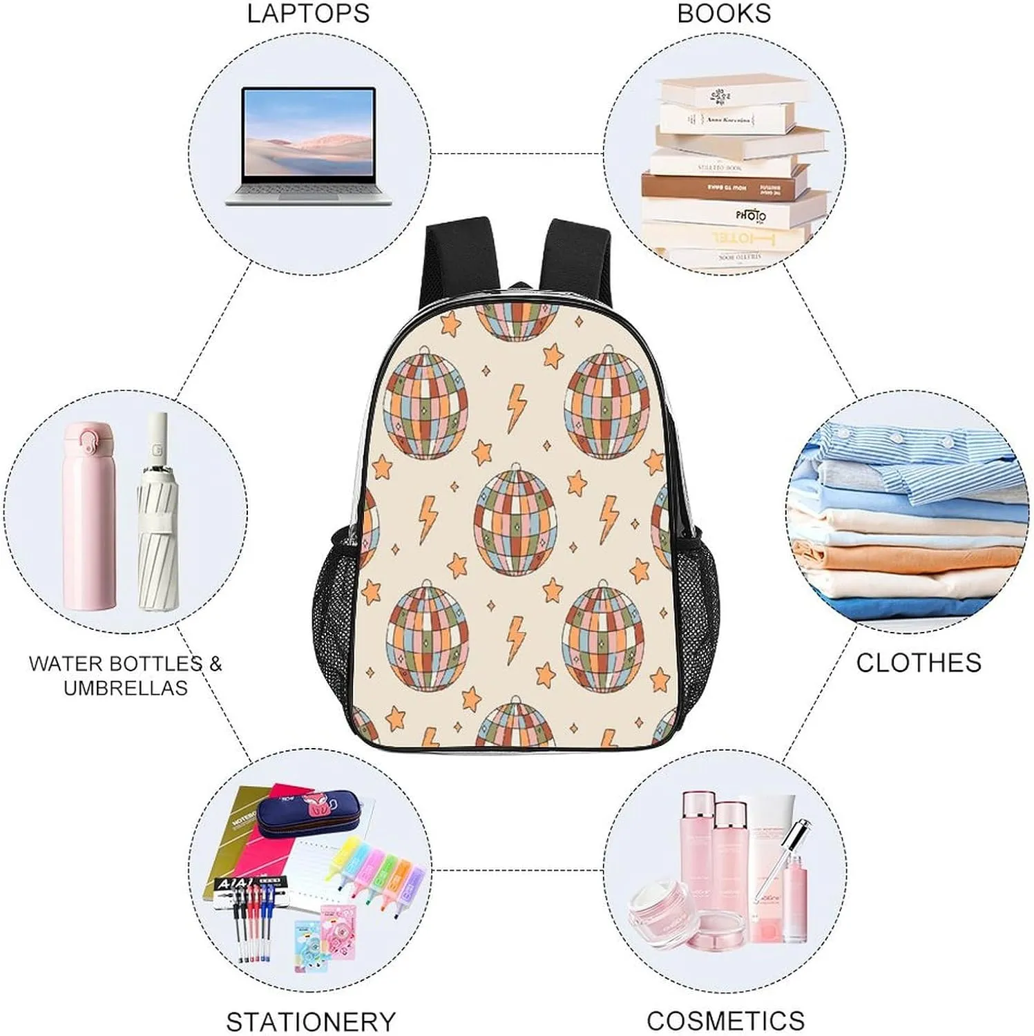 Clear Backpack PVC Water Resistant Hiking Business Travel Transparent Durable Daypack for Women Men 43x32x13cm Colorful authentic waterside removal serpentine Disko Ball Star 