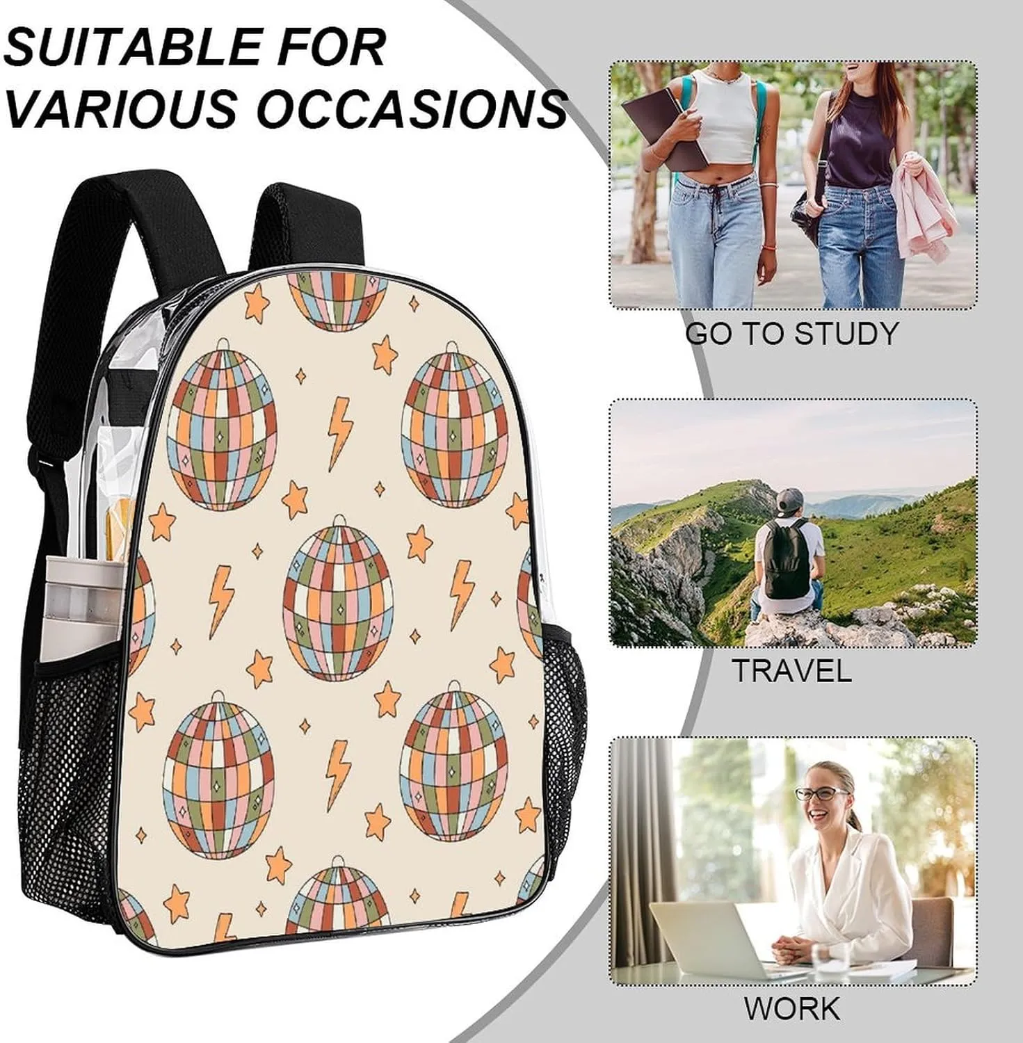 Clear Backpack PVC Water Resistant Hiking Business Travel Transparent Durable Daypack for Women Men 43x32x13cm Colorful authentic waterside removal serpentine Disko Ball Star 