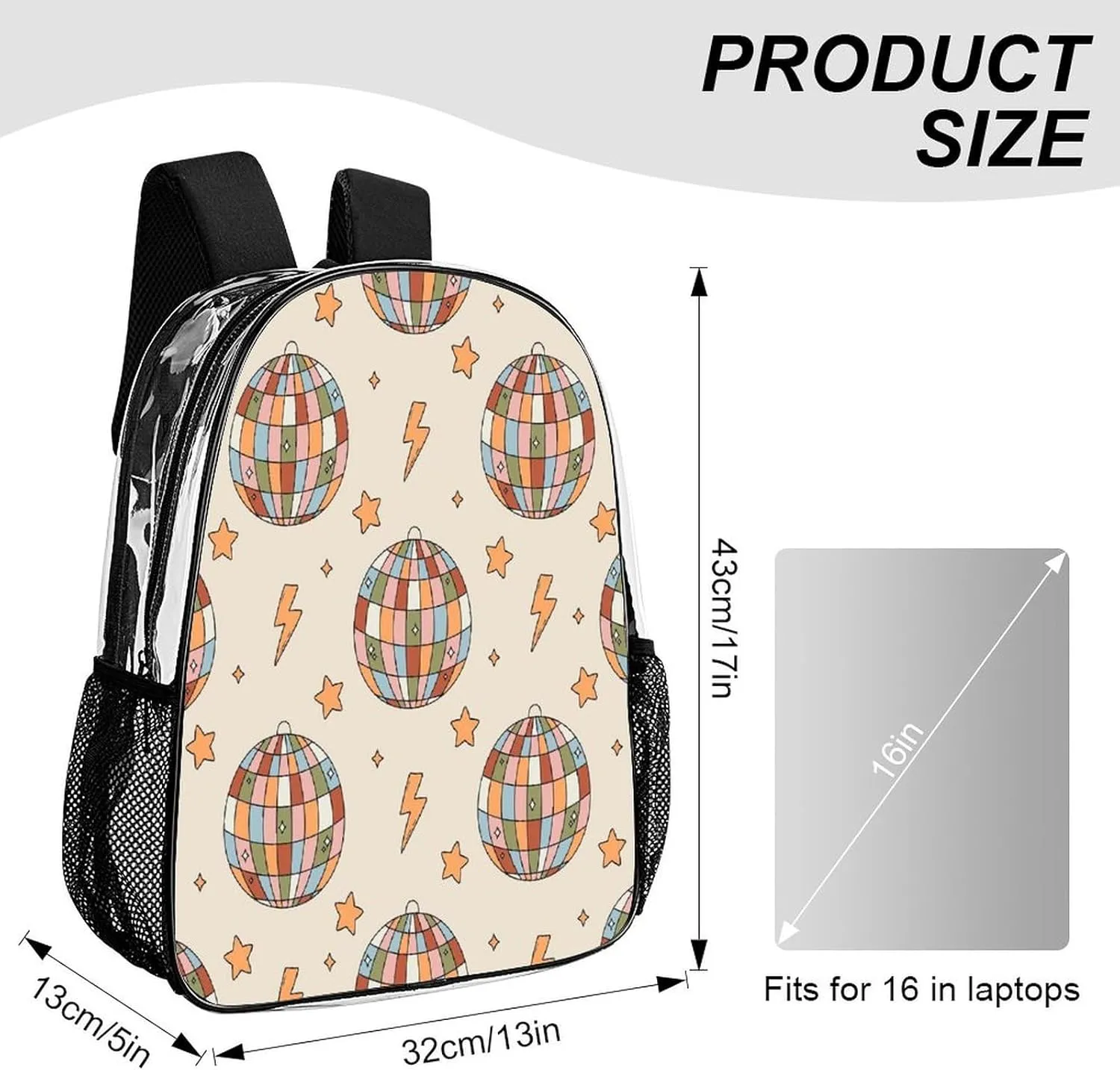 Clear Backpack PVC Water Resistant Hiking Business Travel Transparent Durable Daypack for Women Men 43x32x13cm Colorful authentic waterside removal serpentine Disko Ball Star 