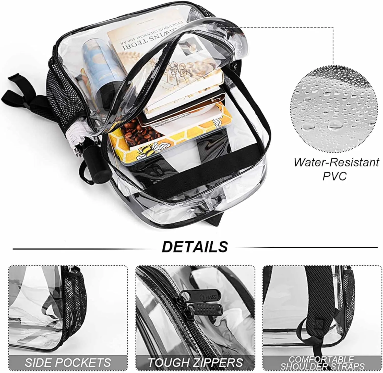 Clear Backpack PVC Water Resistant Hiking Business Travel Transparent Durable Daypack for Women Men 43x32x13cm Colorful authentic waterside removal serpentine Disko Ball Star 
