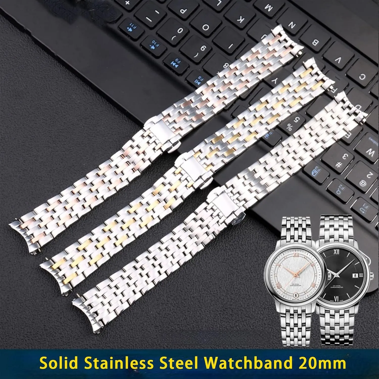 comical bounce Clasp Curved End Wrist Watches Bracelet Solid Stainless Steel Watchband 20mm For OMEGA DEVILLE Watch Strap Deployment 