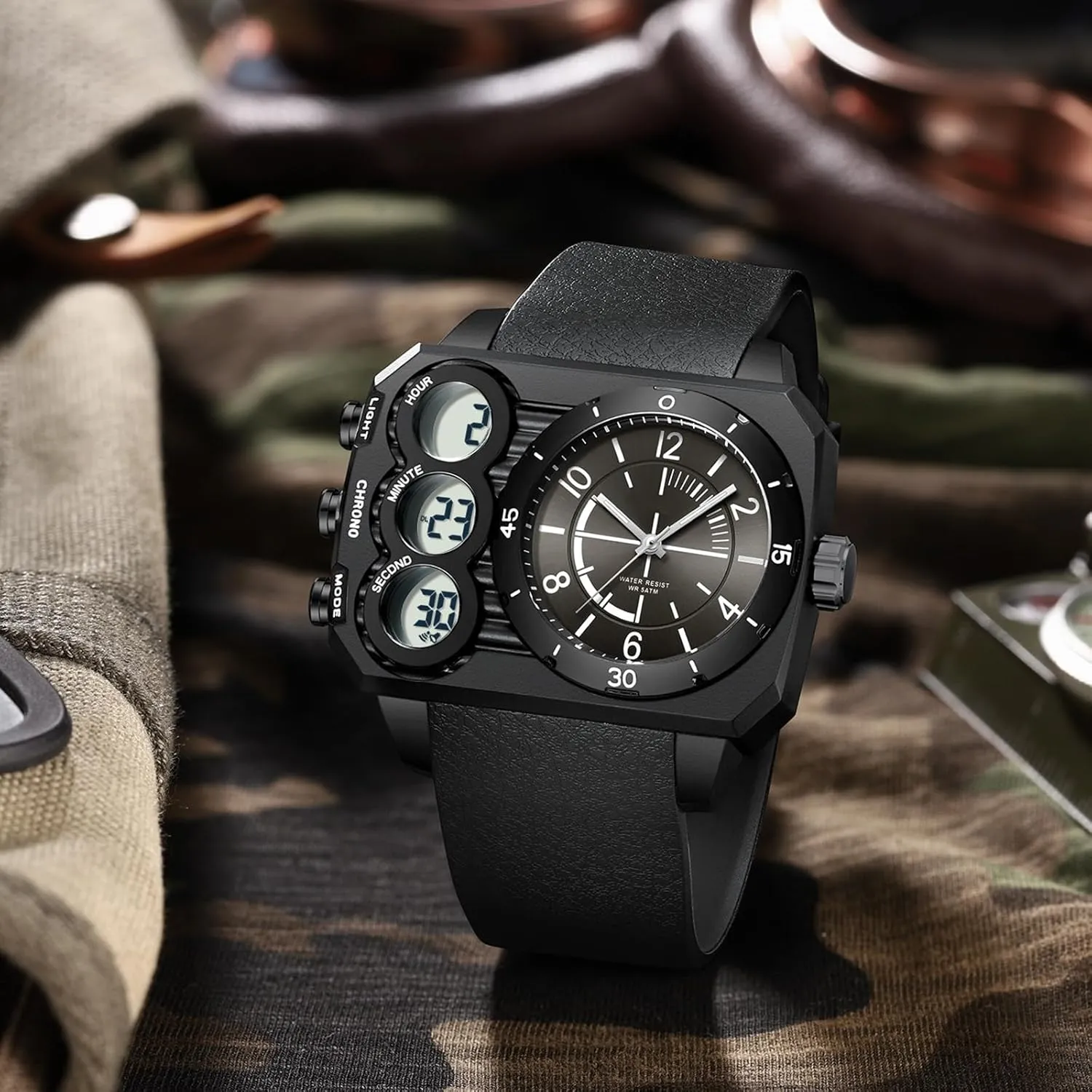 Countdown Alarm LED Stopwatch Unique Cool Wristwatch findtime Big Face Watch for Men Square Large Face Cool Mens Watches with Three Time lethal Zone 