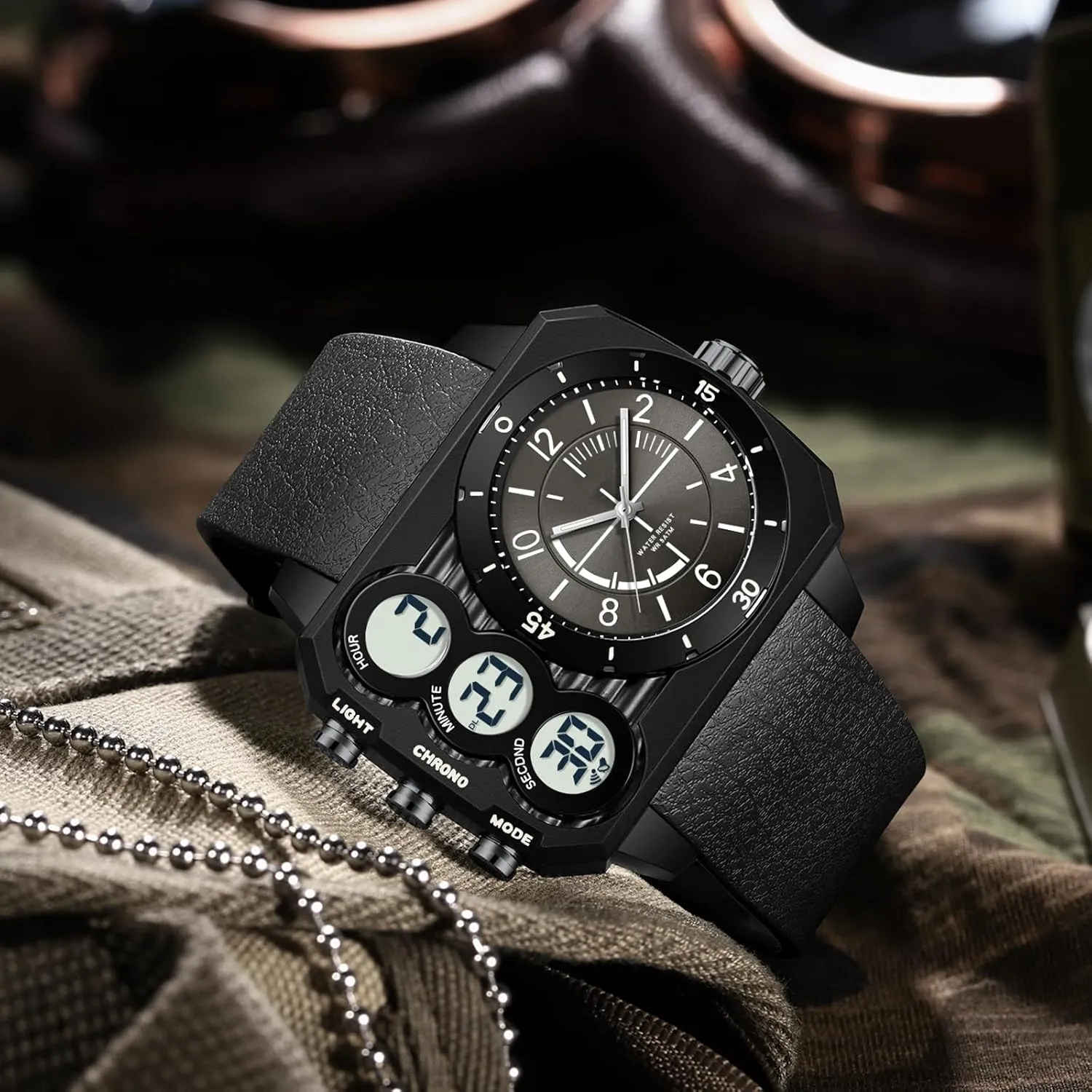 Countdown Alarm LED Stopwatch Unique Cool Wristwatch findtime Big Face Watch for Men Square Large Face Cool Mens Watches with Three Time lethal Zone 
