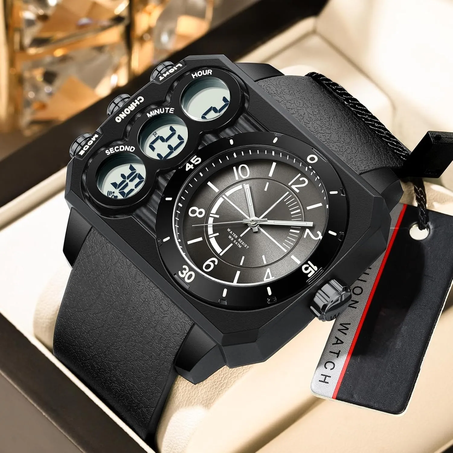 Countdown Alarm LED Stopwatch Unique Cool Wristwatch findtime Big Face Watch for Men Square Large Face Cool Mens Watches with Three Time lethal Zone 