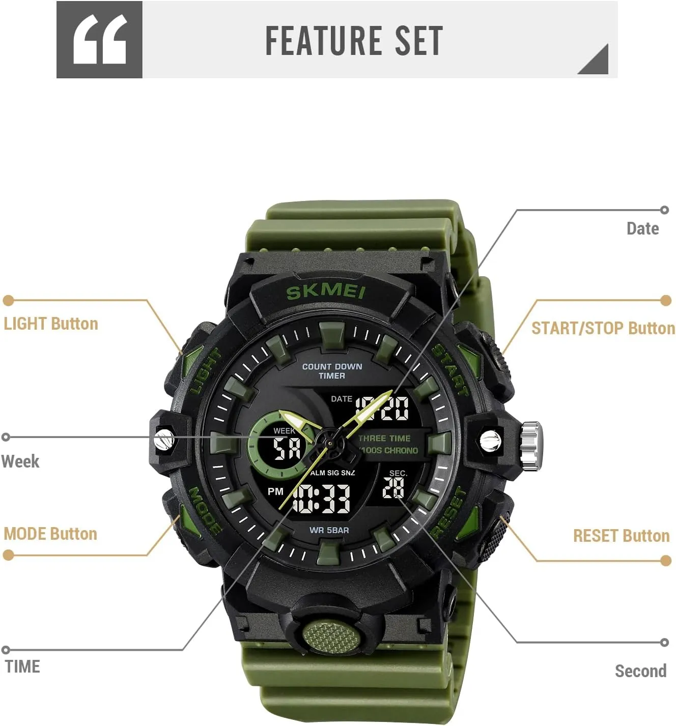 Countdown capillary countryside Timer Multifunctional 50M Waterproof Military Watch EL Backlight Display Alarm Function Stopwatch Carlien Men's Outdoor Sports Watch Digital Analog 