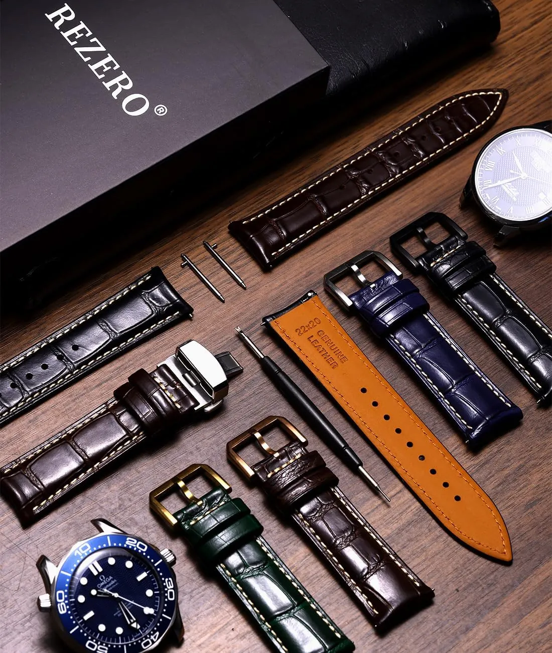 crash Watch Straps, Luxury Italian Alligator Grain Embossed Band Replacements 19mm 20mm 21mm 22mm REZERO Leather Watch Bands for Men, Quick Release 