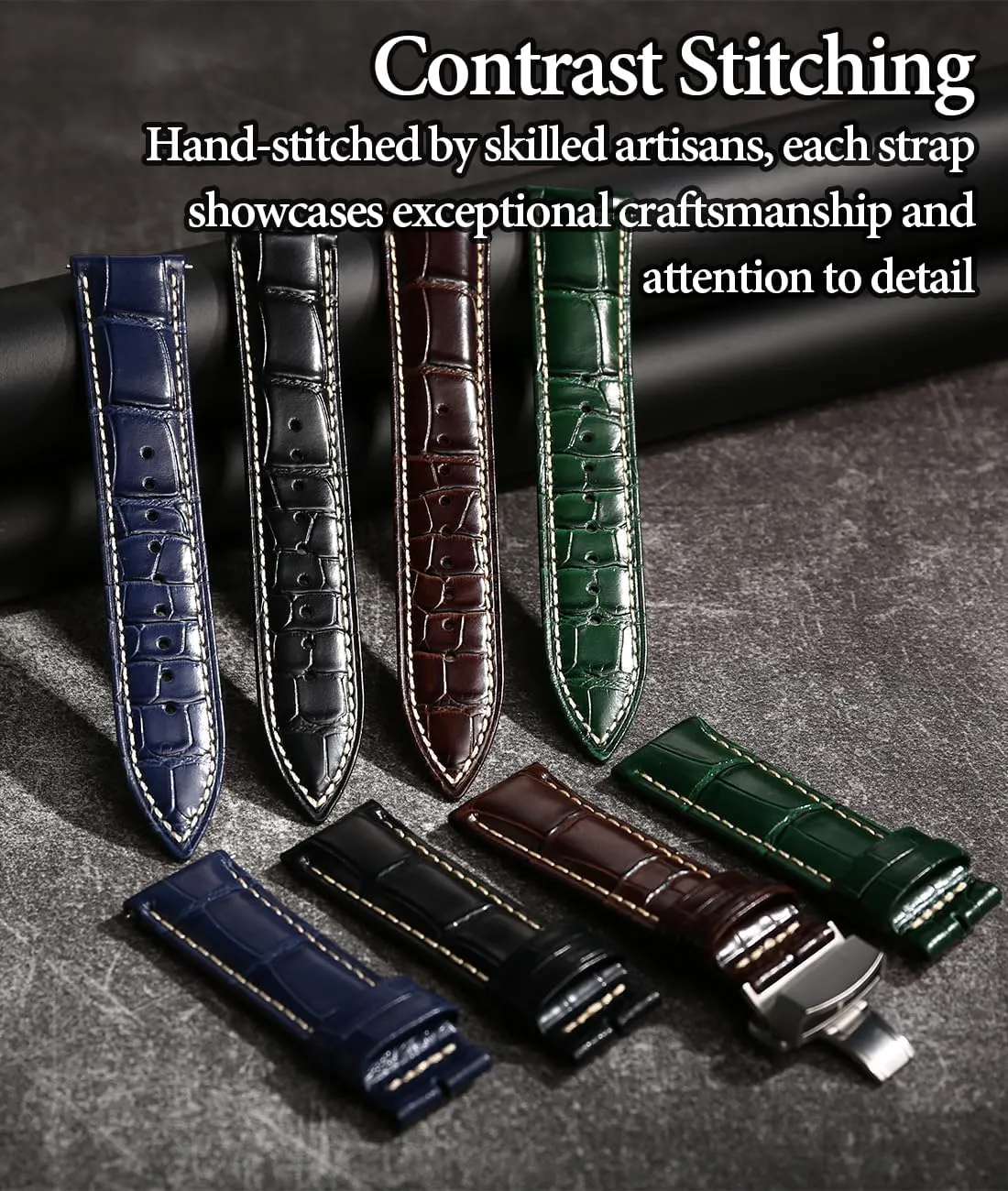 crash Watch Straps, Luxury Italian Alligator Grain Embossed Band Replacements 19mm 20mm 21mm 22mm REZERO Leather Watch Bands for Men, Quick Release 