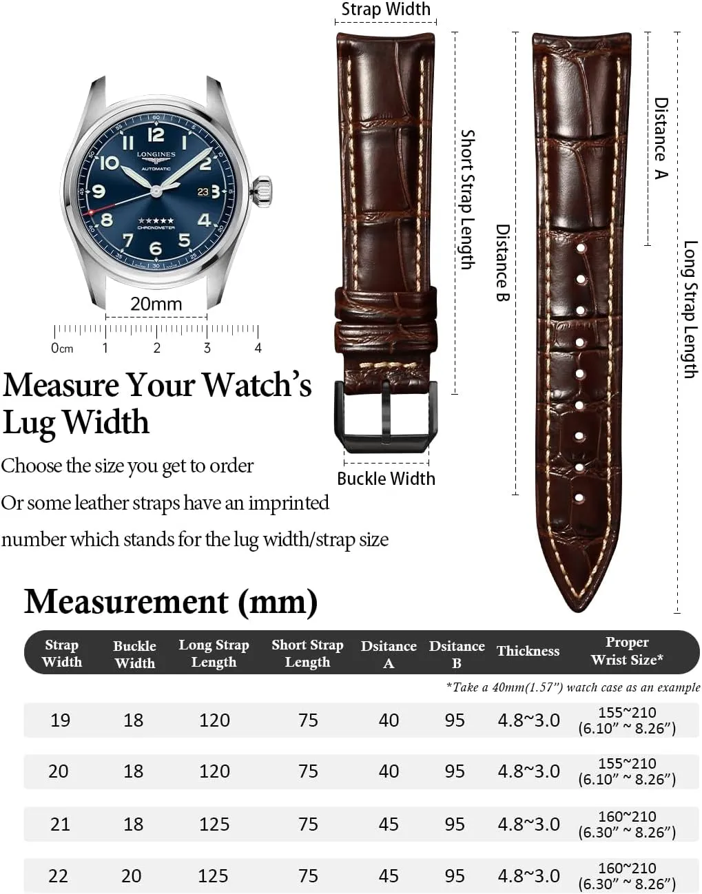 crash Watch Straps, Luxury Italian Alligator Grain Embossed Band Replacements 19mm 20mm 21mm 22mm REZERO Leather Watch Bands for Men, Quick Release 