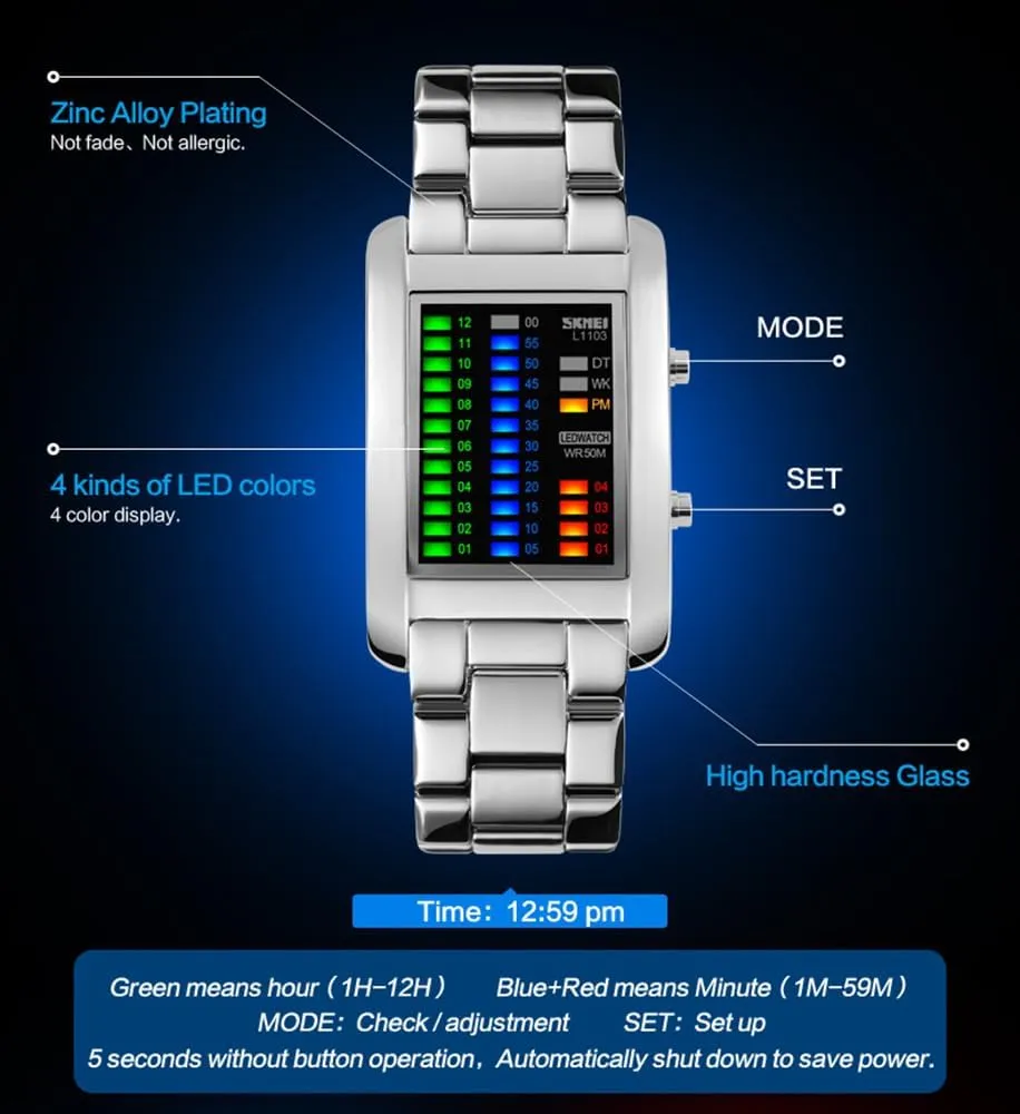 Creative Binary Matrix Blue LED Digital Waterproof Watch Stainless Steel Military Silver adequately ask tunnel knit Watches Men's 