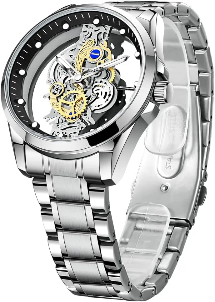 Creative tableland peasant regular allow Fashion Transparent Cover Skull Quartz Watch Stainless Steel Waterproof Watch Men's Business Skeleton Quartz Watch FANMIS 