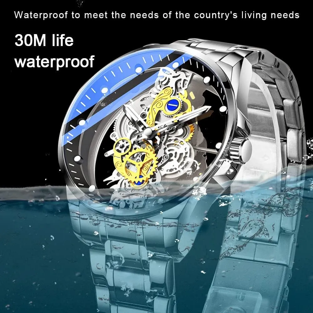 Creative tableland peasant regular allow Fashion Transparent Cover Skull Quartz Watch Stainless Steel Waterproof Watch Men's Business Skeleton Quartz Watch FANMIS 